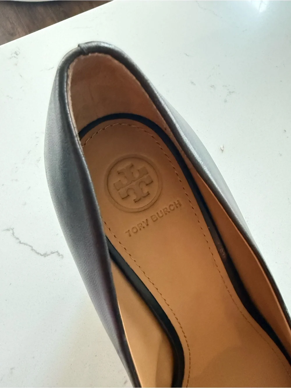 Tory Burch Black Leather Peep-Toe Heels with Gold Logo Medallion